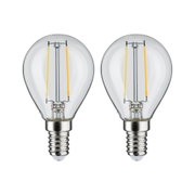 Zwei klare LED-Filament-Glühbirnen mit E14-Fassung für energiesparende Beleuchtung.