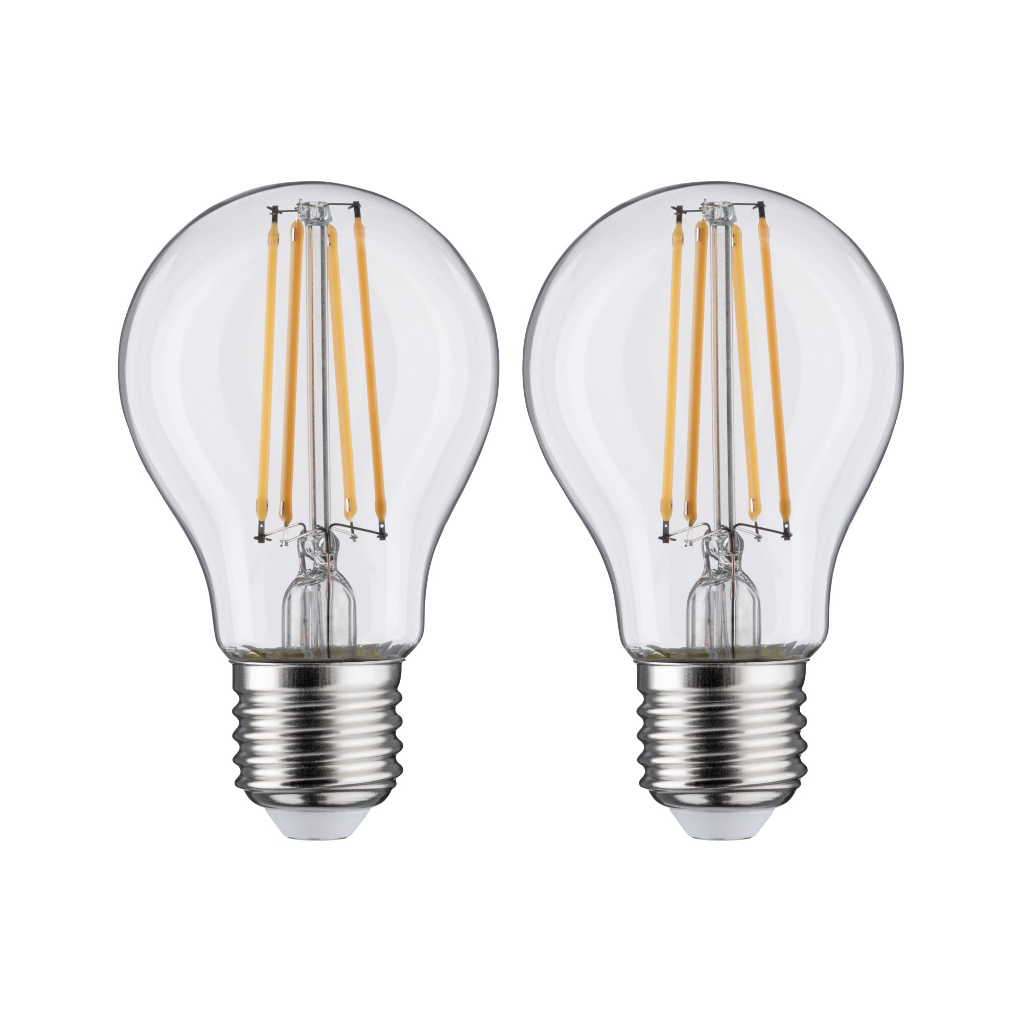 Zwei klare LED-Glühbirnen mit sichtbaren gelben Filamenten und silbernem Schraubsockel für energiesparende Beleuchtung