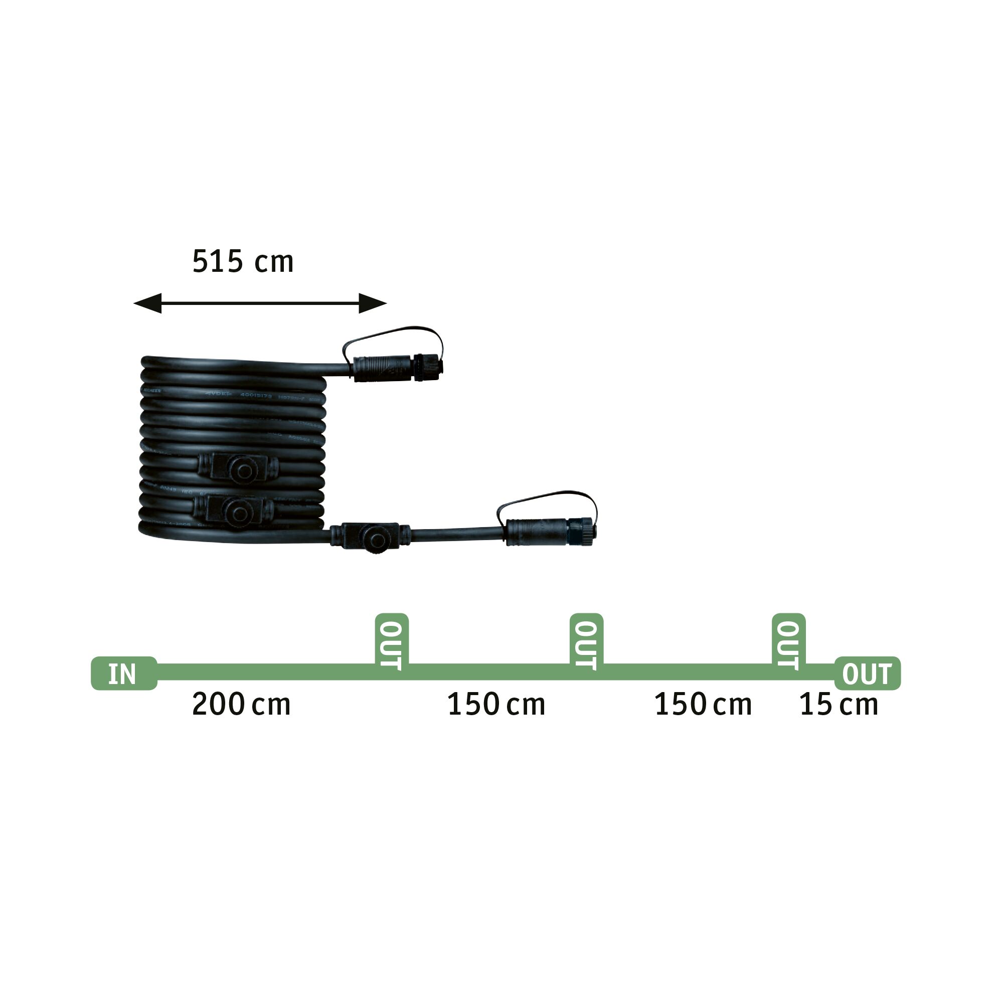 Câble d'extension noir de 515 cm avec connecteurs, pour systèmes d'éclairage LED.
