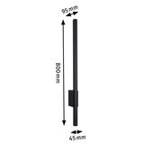 Slanke zwarte metalen LED-wandlamp van 800 mm hoog en 45 mm breed voor moderne binnenverlichting
