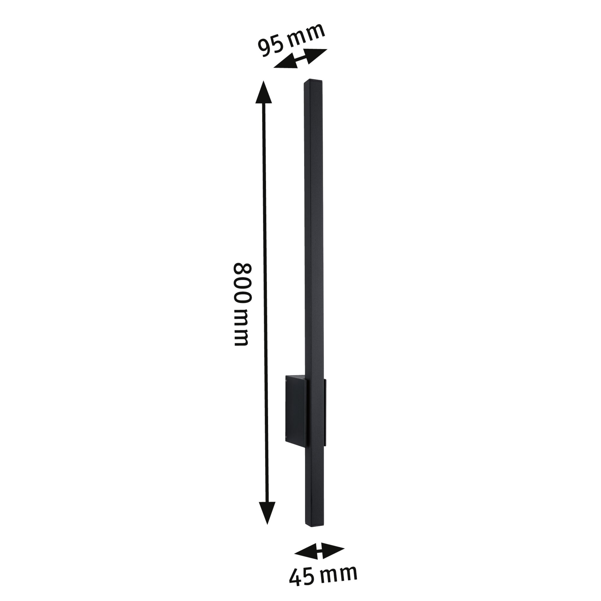 Sort metal LED-væglampe med slankt design, mål 800x95x45 mm til moderne rum