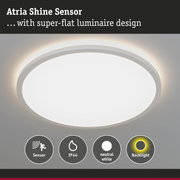Atria Shine Sensor white ceiling light with super-flat design, IP44, neutral white, motion sensor and backlight
