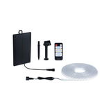Solar-powered LED strip light with remote control and black mounting accessories for outdoor lighting.