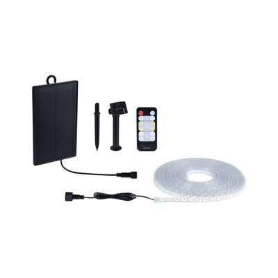 Solarbetriebener LED-Lichtstreifen mit Fernbedienung und schwarzem Montagezubehör für Außenbeleuchtung.