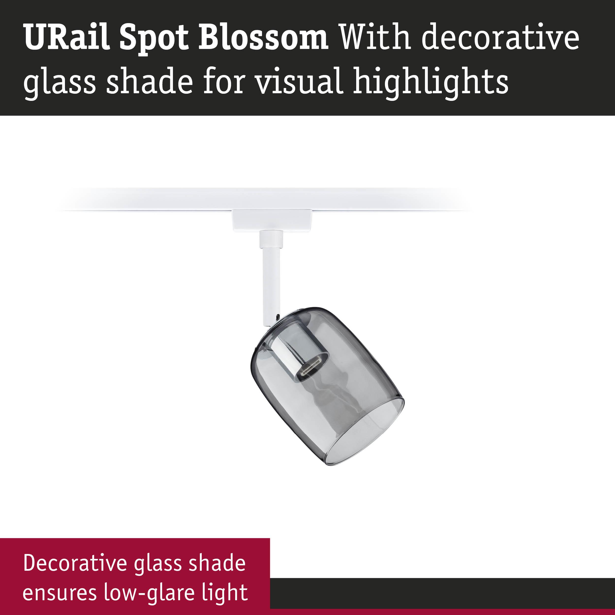 URail Spot Blossom with decorative grey glass shade for low-glare LED spotlight lighting