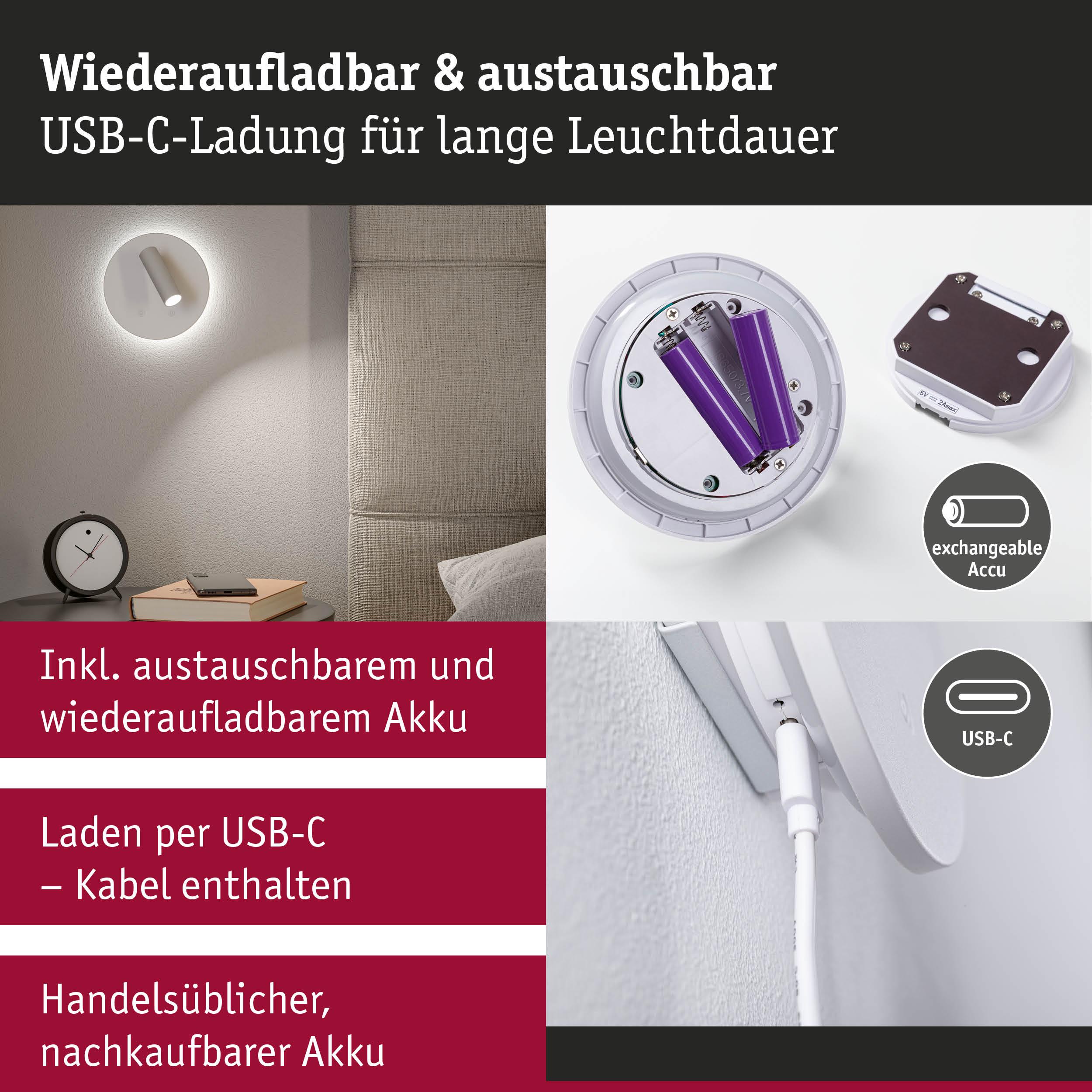 Wiederaufladbare weiße LED-Wandleuchte mit austauschbarem Akku und USB-C-Ladekabel für lange Leuchtdauer