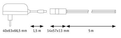 Schéma technique d’un adaptateur secteur avec câble de 1,5 m et rallonge de 5 m, dimensions indiquées