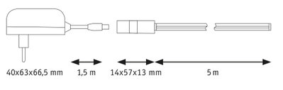Technische Zeichnung eines Netzteils mit 1,5 m Kabel und 5 m Verlängerungskabel, Maße angegeben