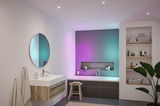 Modern bathroom with wooden vanity, round mirror, and bathtub featuring colorful LED lighting