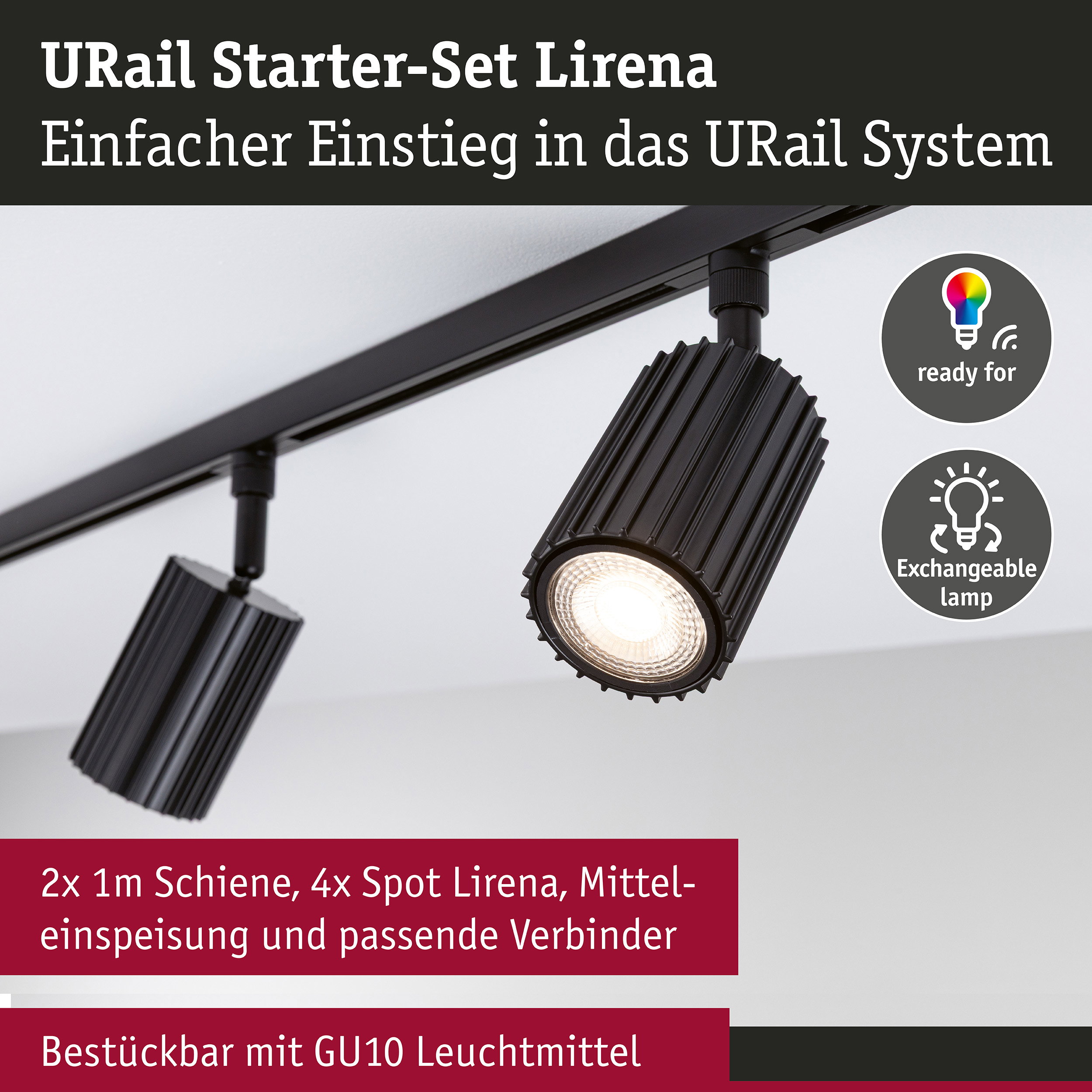 URail Schienenspot Lirena Starterset Mitteleinspeisung GU10 max. 10W 230V Schwarz matt