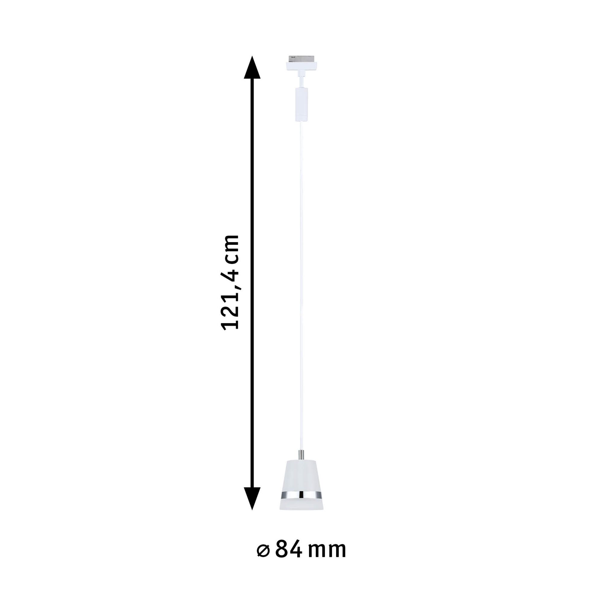 Hvid metalpendel med kromring, 121,4 cm lang og 84 mm i diameter, moderne LED-lampe