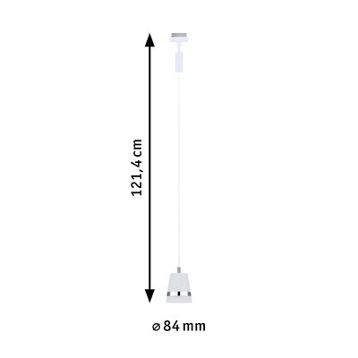 Hvid metalpendel med kromring, 121,4 cm lang og 84 mm i diameter, moderne LED-lampe