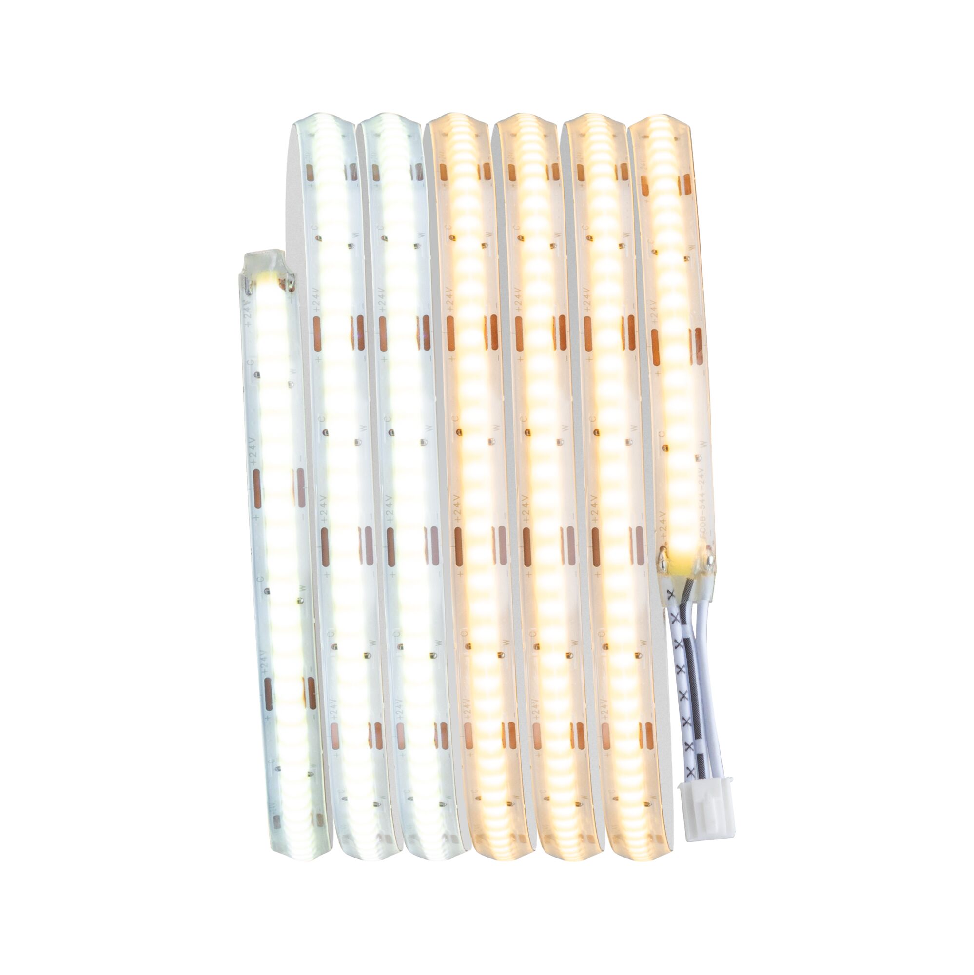 Flexible LED light strips in warm and cool white with connector cable for versatile lighting solutions