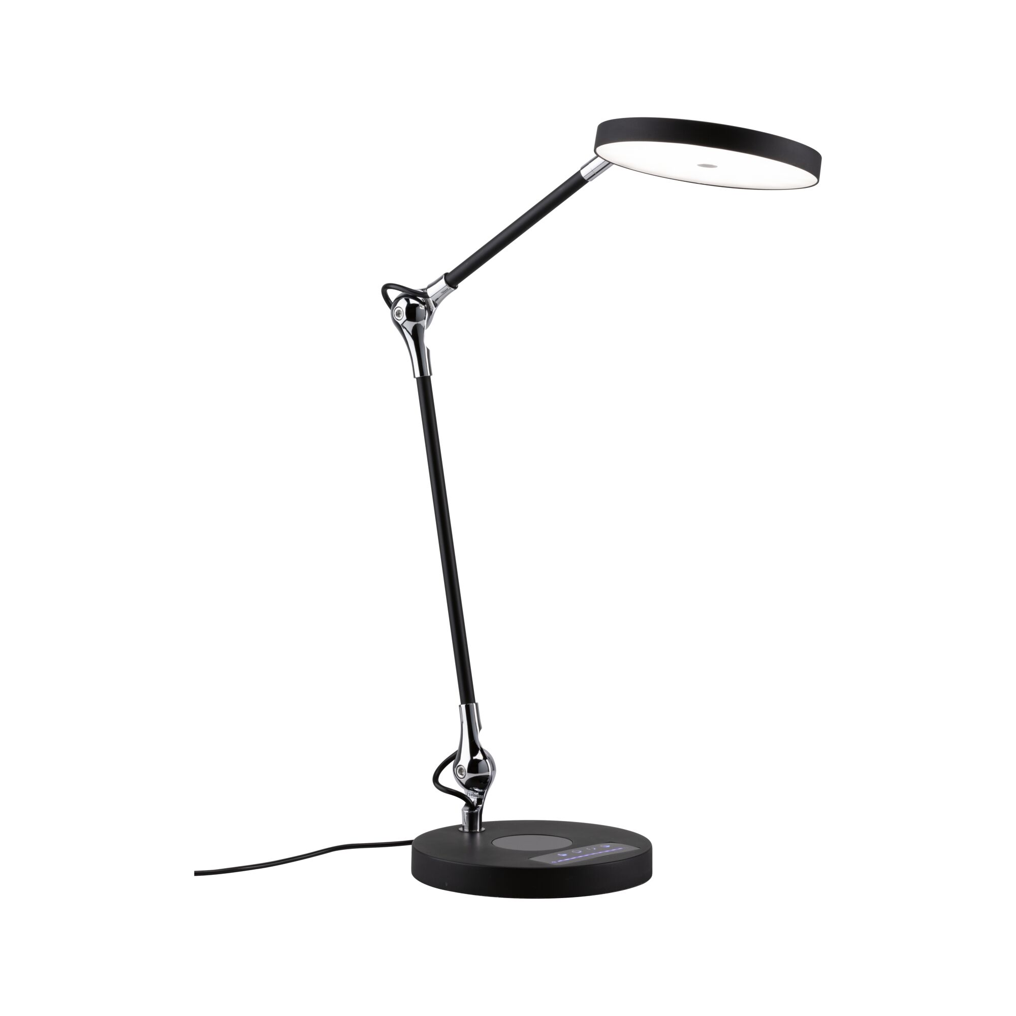 Moderne schwarze LED-Schreibtischlampe mit rundem Leuchtkopf und verstellbarem Arm aus Metall und Kunststoff