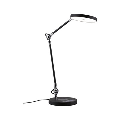 Moderne zwarte LED-bureaulamp met ronde lichtkop en verstelbare metalen en kunststof arm voor kantoorverlichting