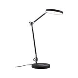 Moderne schwarze LED-Schreibtischlampe mit rundem Leuchtkopf und verstellbarem Arm aus Metall und Kunststoff