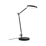 Moderne sort LED skrivebordslampe med rund lyskilde og justerbar arm i metal og plastik til kontorbelysning