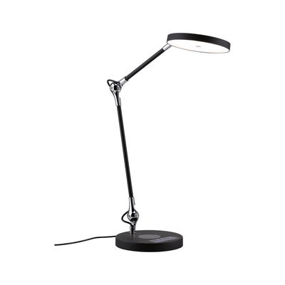 Moderne sort LED skrivebordslampe med rund lyskilde og justerbar arm i metal og plastik til kontorbelysning