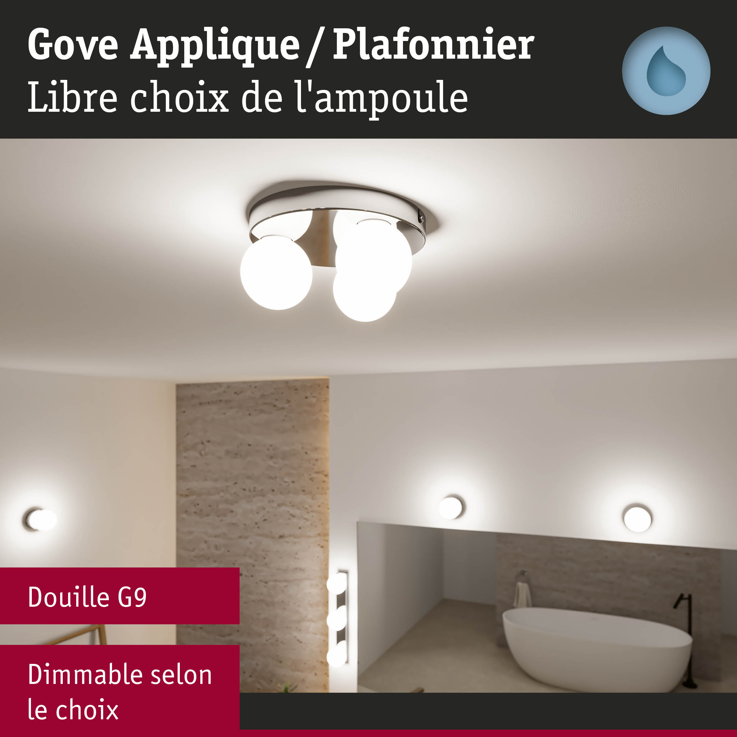 Plafonnier Gove avec trois ampoules blanches dans une salle de bain moderne avec baignoire