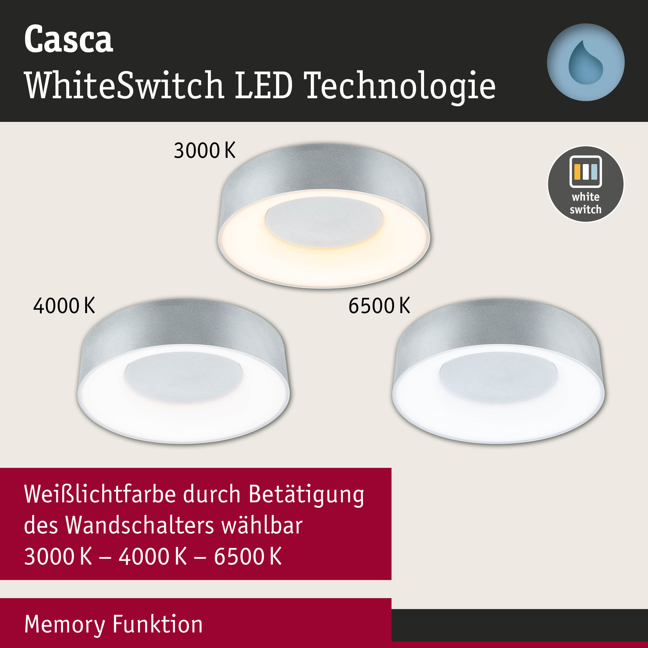 Casca LED-Deckenleuchte in Grau mit WhiteSwitch Technologie und einstellbarer Farbtemperatur 3000K-6500K