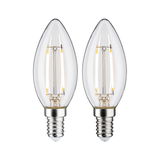 Zwei klare LED-Kerzenlampen mit E14-Fassung und sichtbaren Filamenten für dekorative Beleuchtung