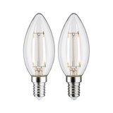 Zwei klare LED-Kerzenlampen mit E14-Fassung und sichtbaren Filamenten für dekorative Beleuchtung