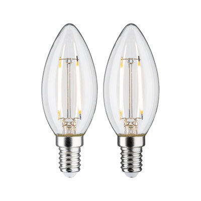 Zwei klare LED-Kerzenlampen mit E14-Fassung und sichtbaren Filamenten für dekorative Beleuchtung