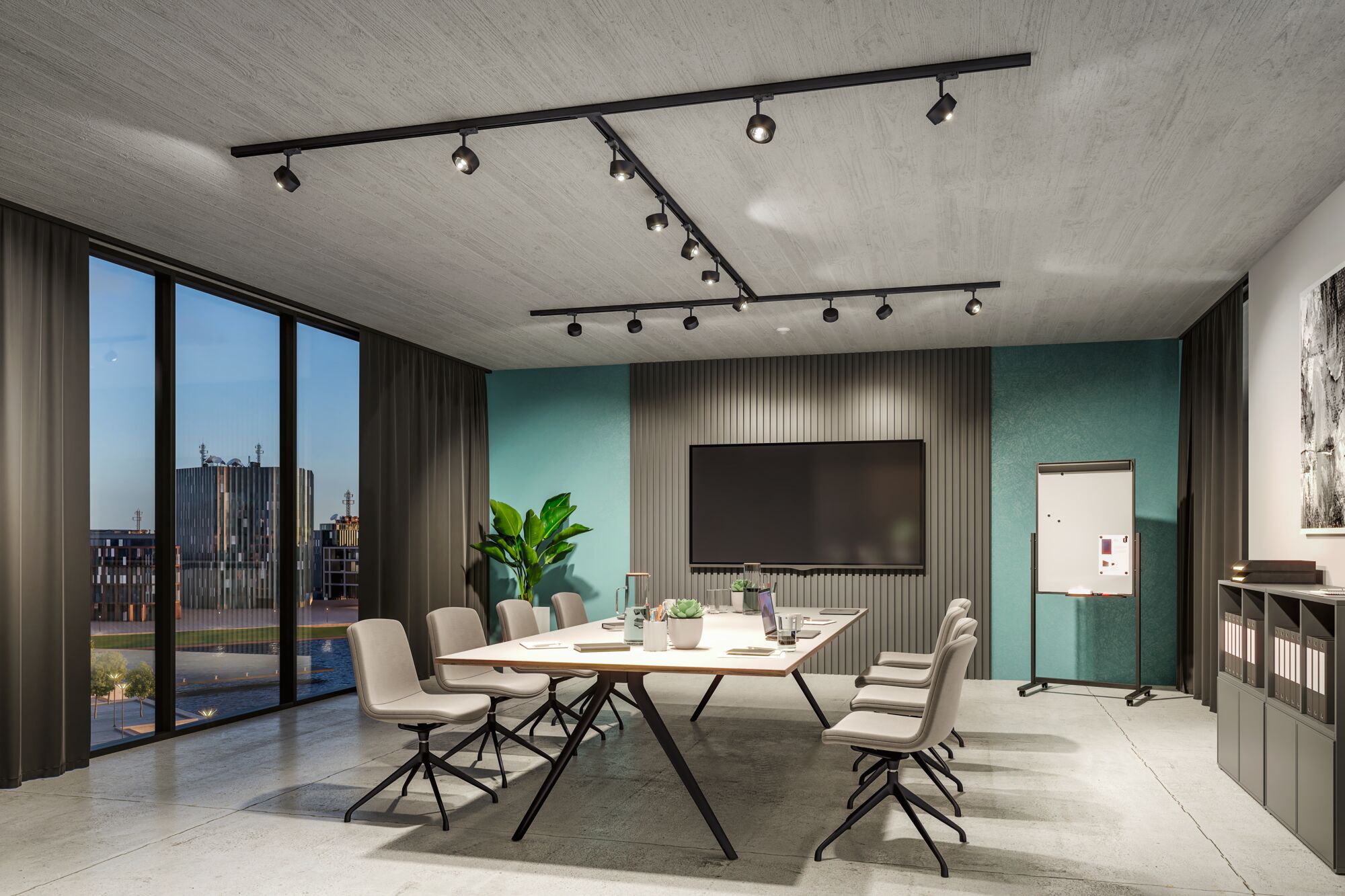 Modern meeting room with black track spotlights on ceiling and grey chairs around white table