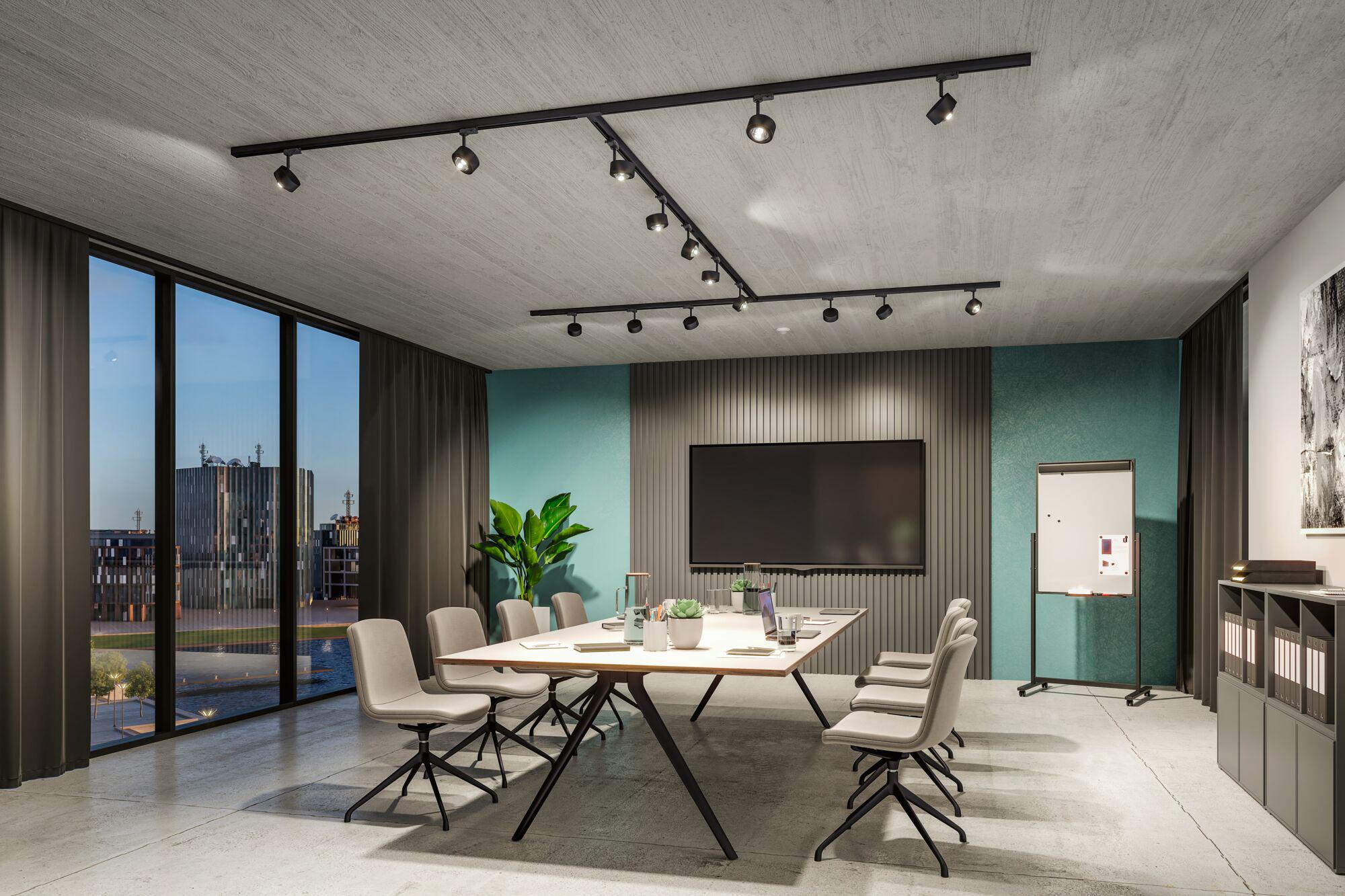 Modernes Büro mit schwarzer LED-Schienenbeleuchtung an hellem Holzdeckenmaterial und Konferenztisch