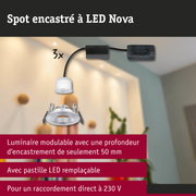 Spot encastré LED Nova modulable blanc avec profondeur d'encastrement de 50 mm et pastille LED remplaçable
