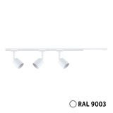 Three white metal LED spotlights on RAL 9003 track system for modern indoor lighting