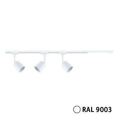 Three white metal LED spotlights on RAL 9003 track system for modern indoor lighting