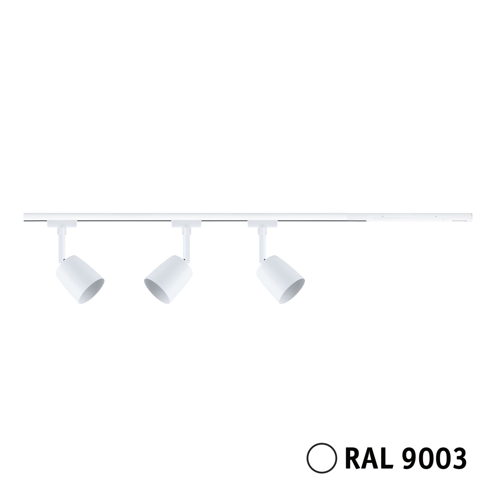 Three white metal LED spotlights on RAL 9003 track system for modern indoor lighting