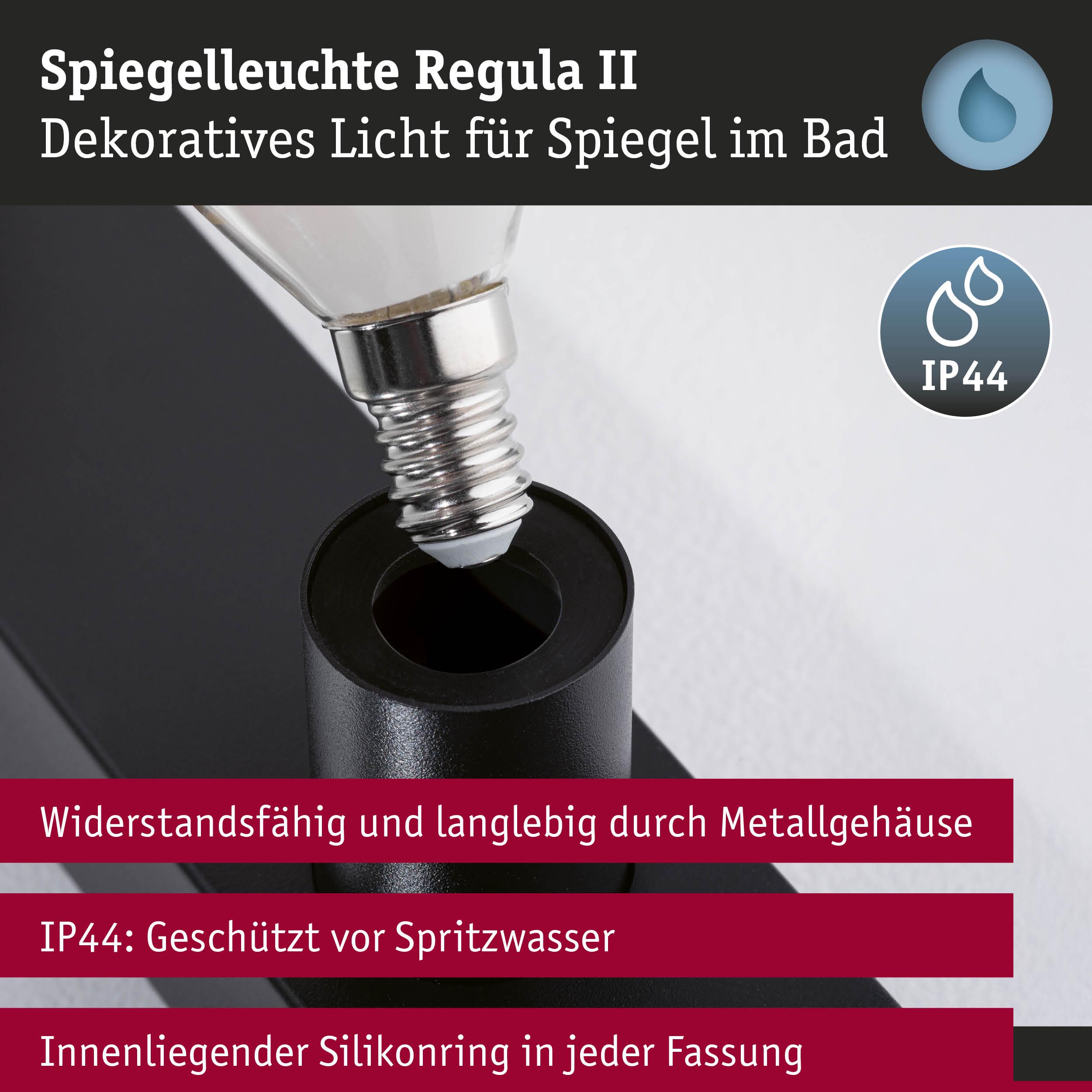 Schwarze Metall-Spiegelleuchte Regula II mit IP44 Schutz und Silikonring für Badezimmer-Spiegelbeleuchtung