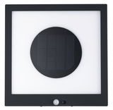 Quadratische Solarleuchte mit schwarzem Rahmen und integriertem Bewegungsmelder für Außenbereiche