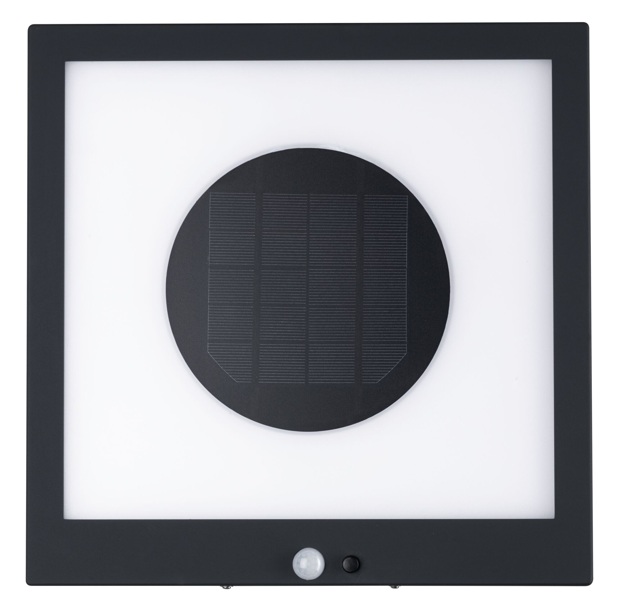 Schwarze Solarleuchte mit Bewegungsmelder und weißem Lichtpanel für Außenbereiche