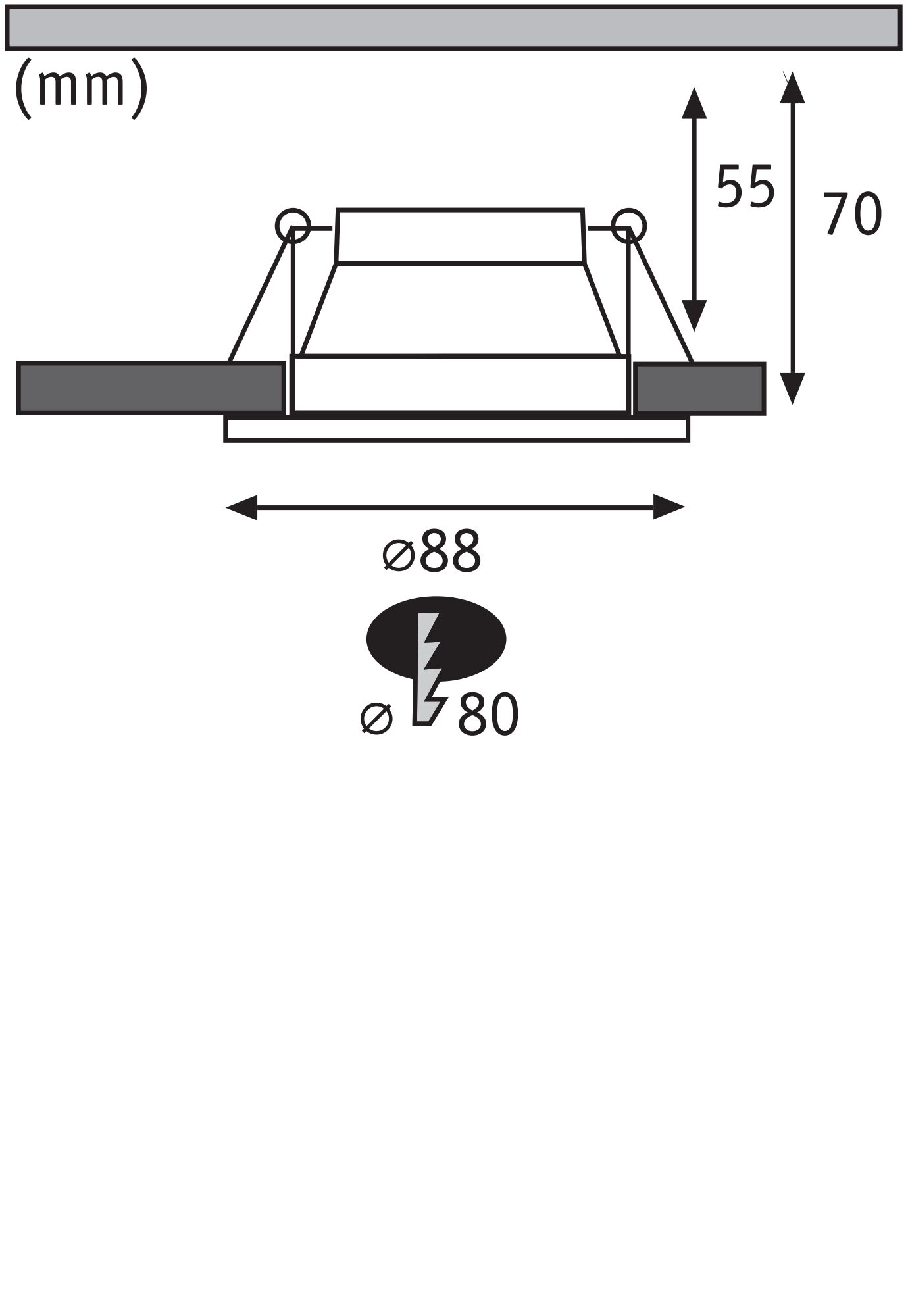 Technische Zeichnung eines Einbaustrahler mit 88 mm Durchmesser und 70 mm Höhe, LED Einbaulampe Maße