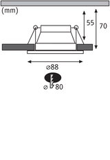 Technische Zeichnung eines Einbaustrahler mit 88 mm Durchmesser und 70 mm Höhe, LED Einbaulampe Maße