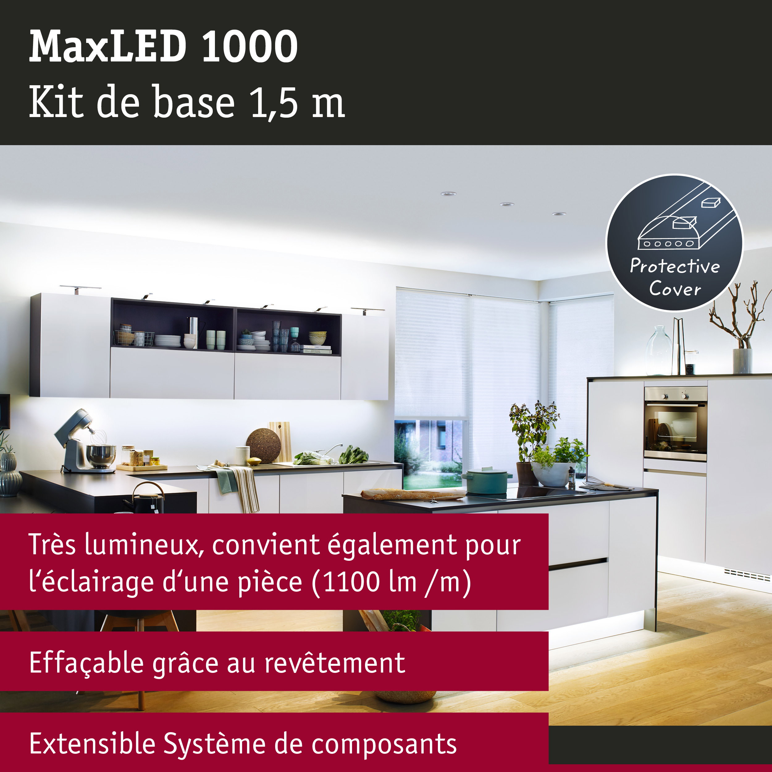 Cuisine blanche moderne avec système d'éclairage LED MaxLED 1000 de 1,5 m avec protection