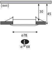 Technische Zeichnung eines Einbauleuchtensystems mit 78 mm Durchmesser und 45 mm Einbautiefe