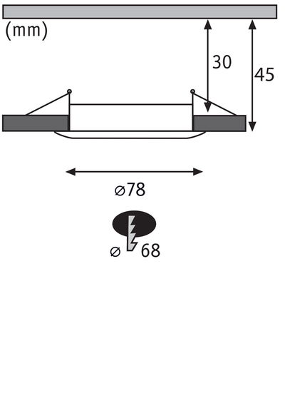 Technical drawing of recessed light with 78 mm diameter and 45 mm installation depth