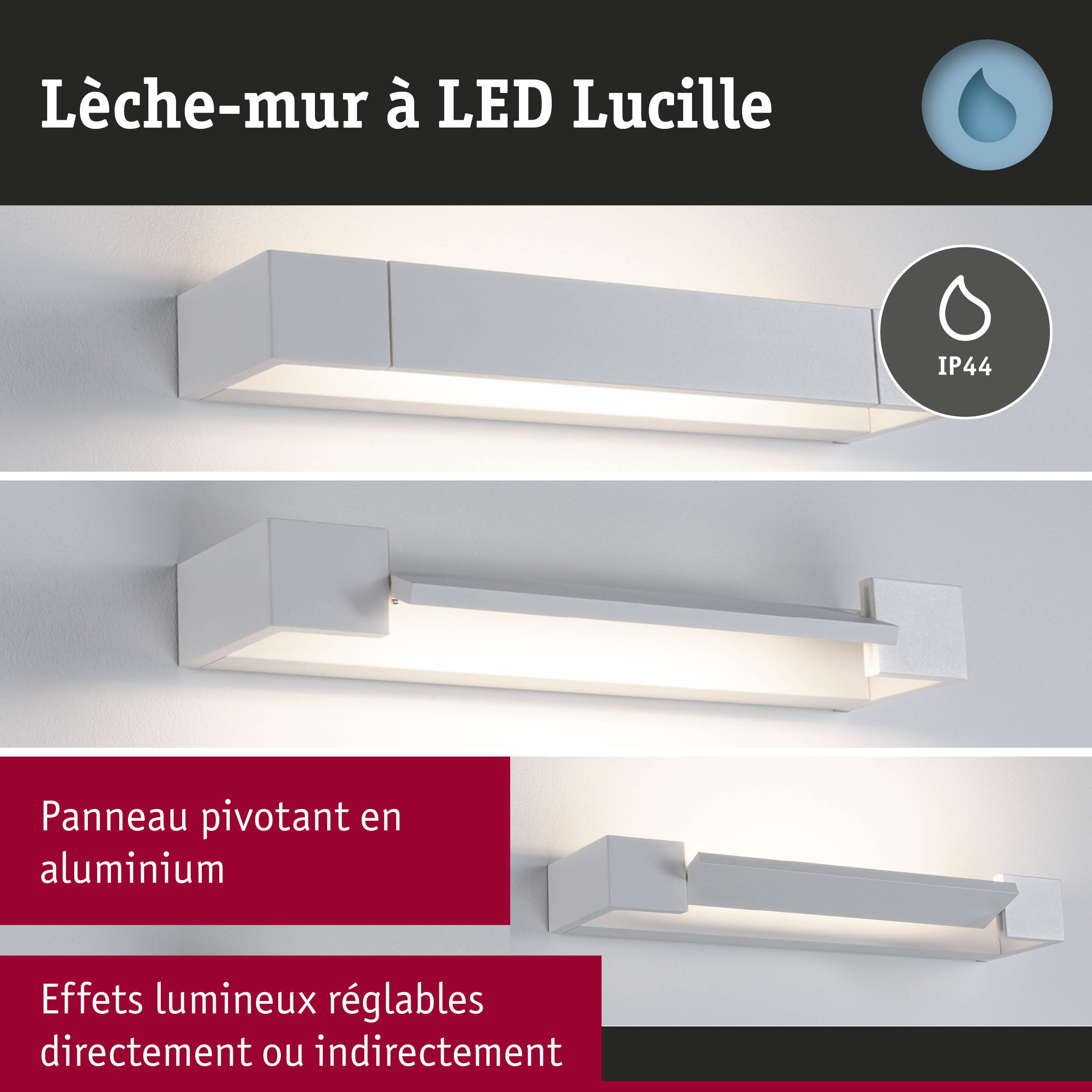 Applique murale LED blanche en aluminium avec effets lumineux réglables et protection IP44