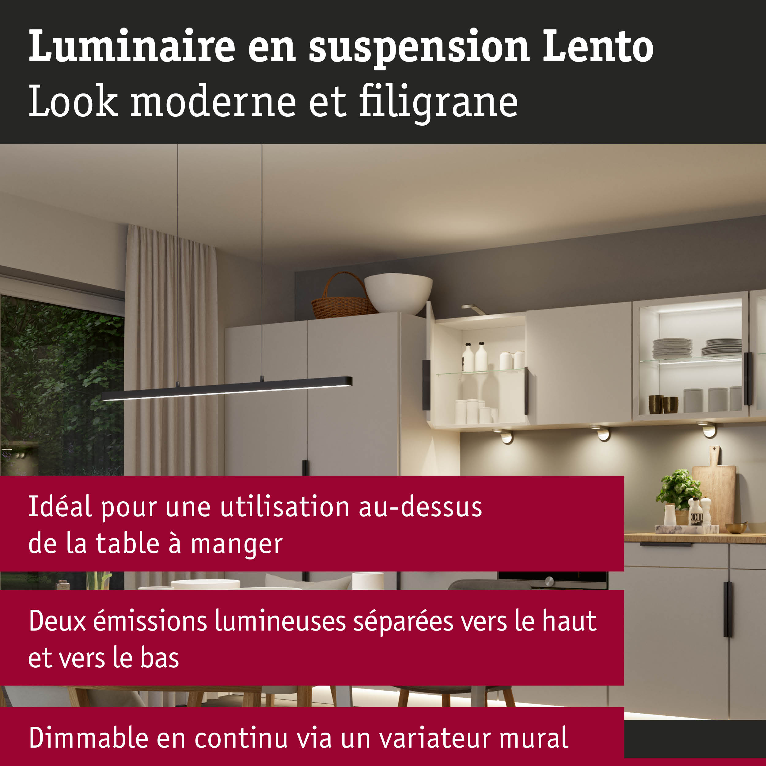 Luminaire suspendu Lento noir au design moderne au-dessus de la table à manger dans une cuisine claire