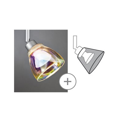 Bunter Glas-Spot mit silbernem Metallhalter für flexible LED-Beleuchtung im Innenbereich