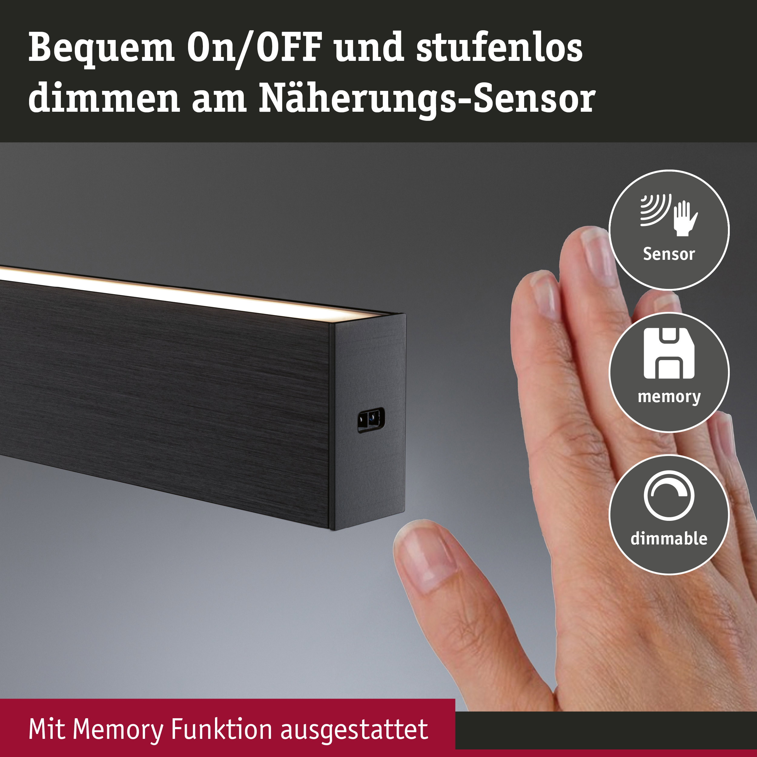 Schwarze LED-Leuchte mit Näherungssensor und Memory-Funktion für stufenloses Dimmen