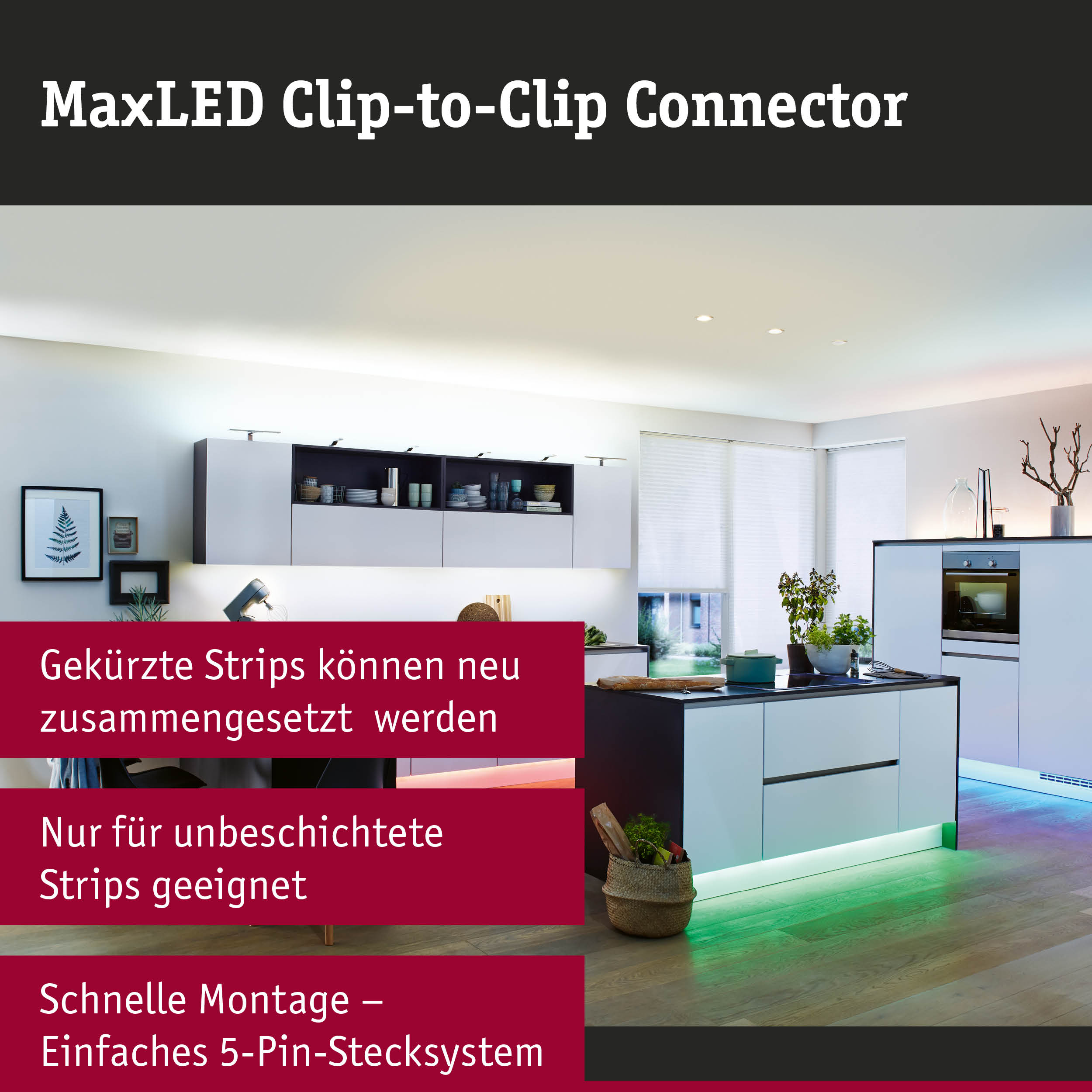 Moderne Küche mit LED-Beleuchtung unter der Arbeitsplatte in Weiß und Schwarz mit grünem Lichtakzent