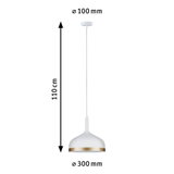 White metal pendant lamp with gold trim, 110 cm length, 30 cm diameter, modern LED lighting fixture