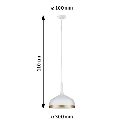 White metal pendant lamp with gold trim, 110 cm length, 30 cm diameter, modern LED lighting fixture