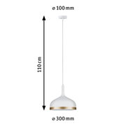 White metal pendant lamp with gold trim, 110 cm length, 30 cm diameter lighting fixture