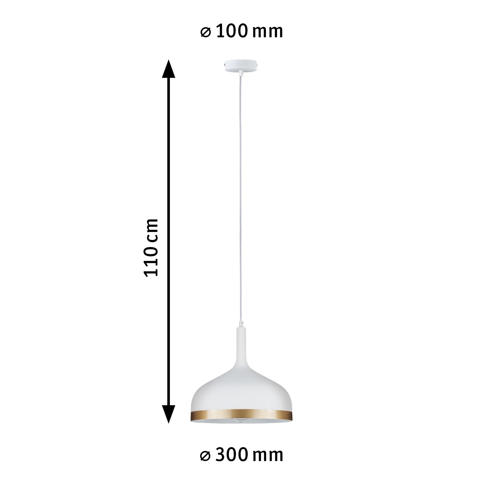 Weiße Pendelleuchte aus Metall mit goldfarbenem Rand, 110 cm lang, 30 cm Durchmesser